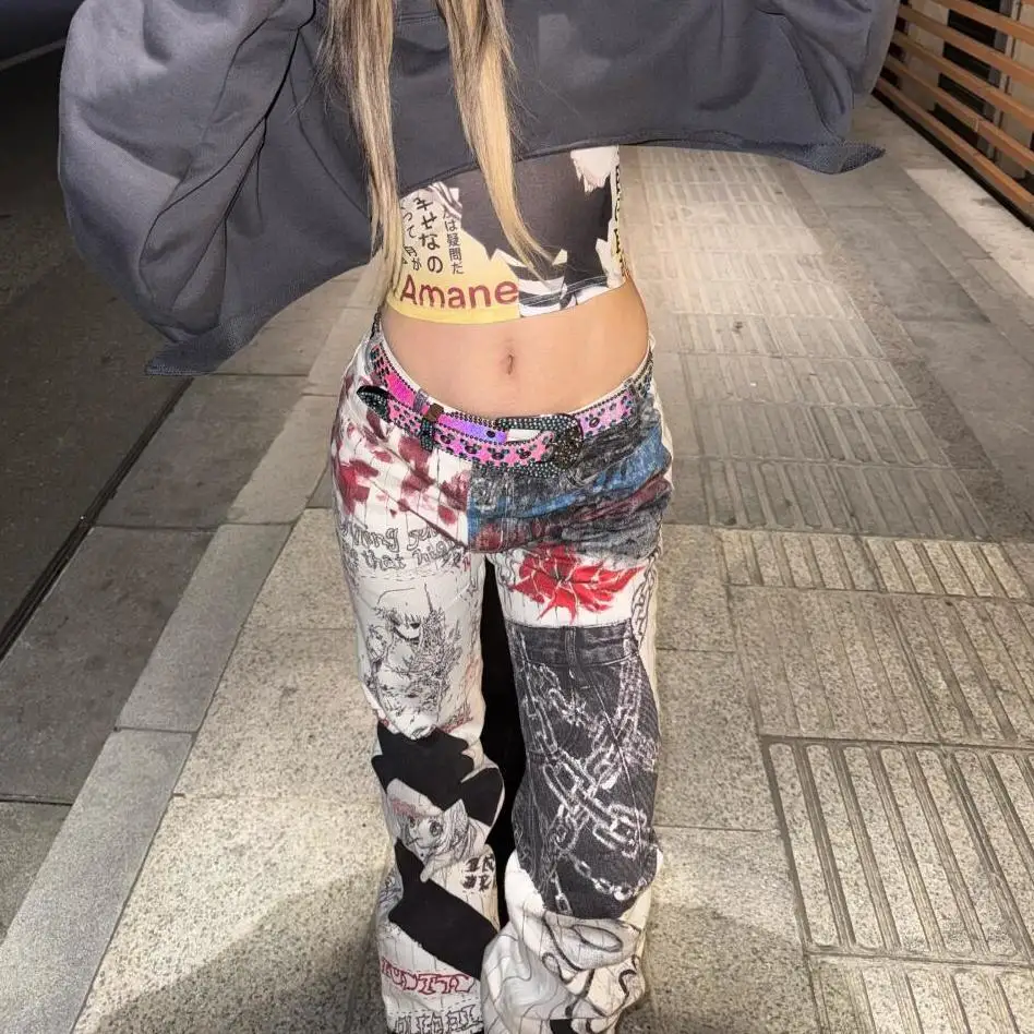 

Women Vintage Graffiti Print Y2k Cargo Jeans 2025 Autumn American Retro Baggy Harajuku Denim Trousers Japanese 2000s Pants