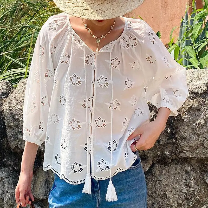 

MIMIBIANCHE French Sle Embroidered Hollow out Holiday Women's irt Small Top Cross-Border Spring Summer White irt