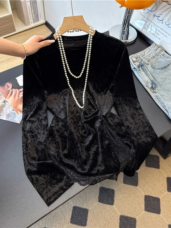 Новая китайская футболка с бархатным основанием и круглым вырезом Ne Lace Splicing, длинная футболка с разрезом на талии, женский модный топ