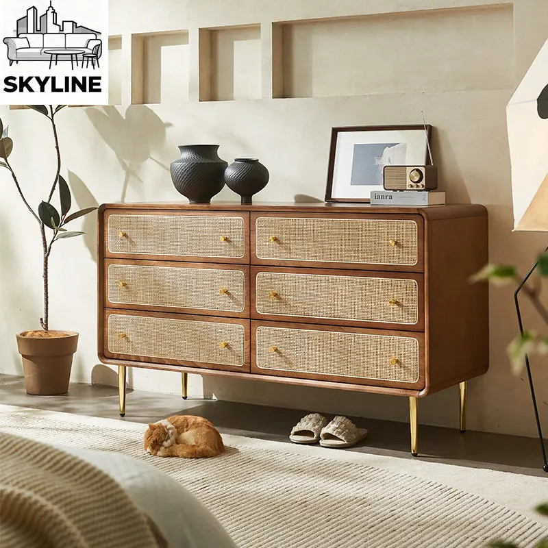 Modern Simple Solid Wood Rattan Drawer Chest Cabinet, Japanese Style Storage Sideboard Entrance Locker with Multiple Drawers