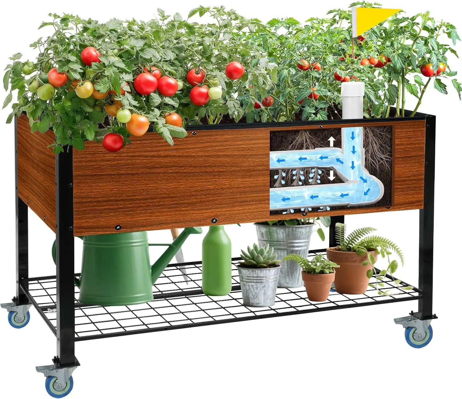 Raised Garden Bed with Legs and Wheels, Self-Watering Planter Box, 48x24x30 in Elevated Raised Bed with Drainage Hole, B