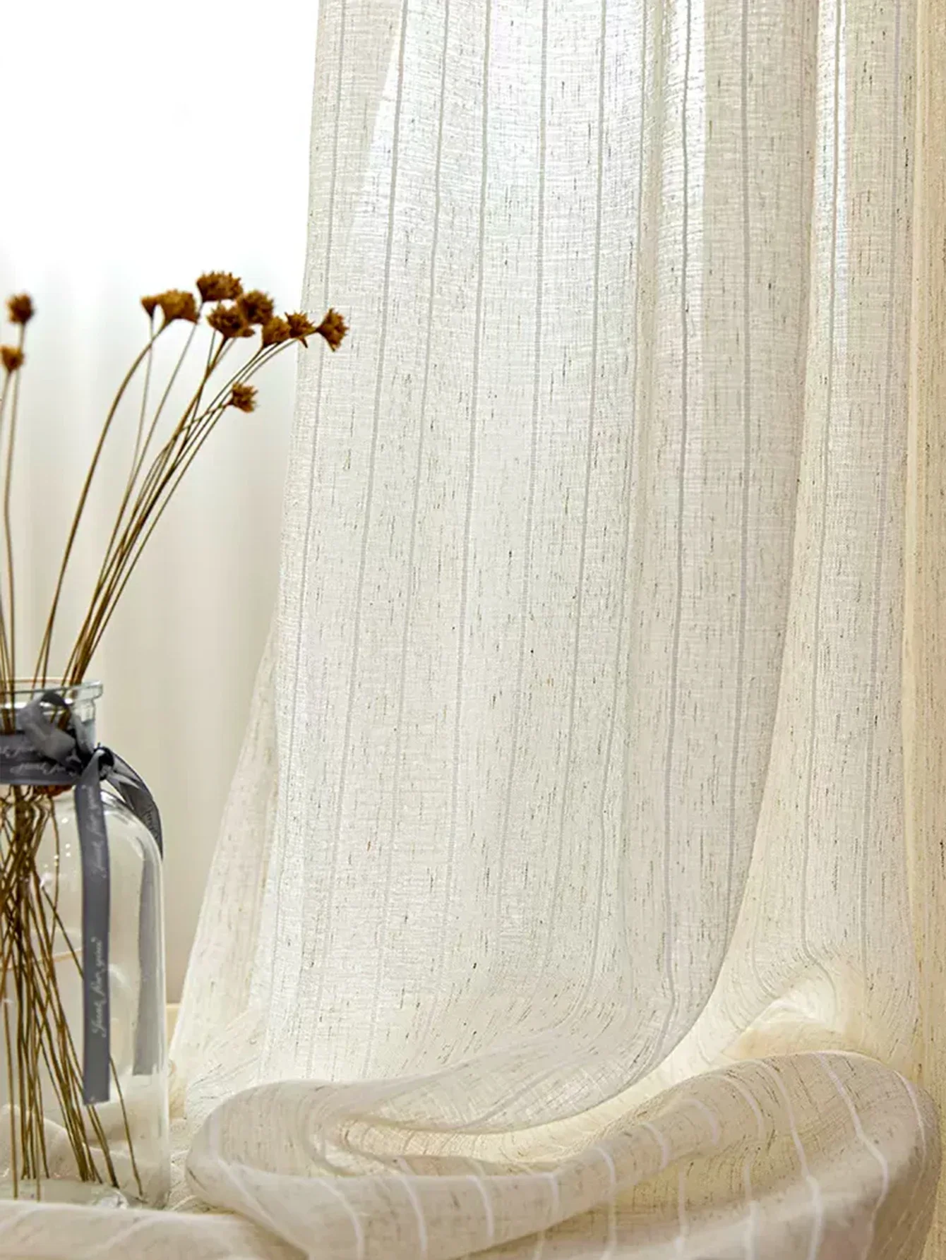 

1pc Japanese striped design linen Sheer Curtain Beige Color Light Filtering Privacy for Window Door Bedroom Living room Decor