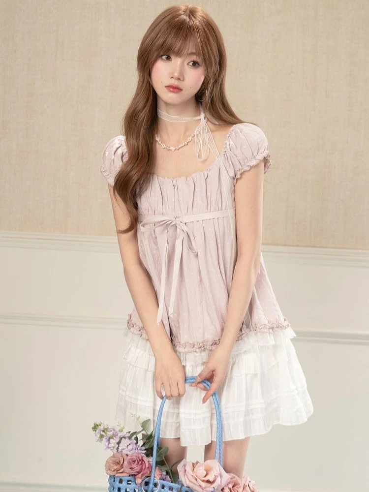 Y2k Vintage Ribbon Polka Dot T-Shirt Short Sleeve Women Casual Korean Retro Elegant Top Gentle Bodycon Spring Summer 2026