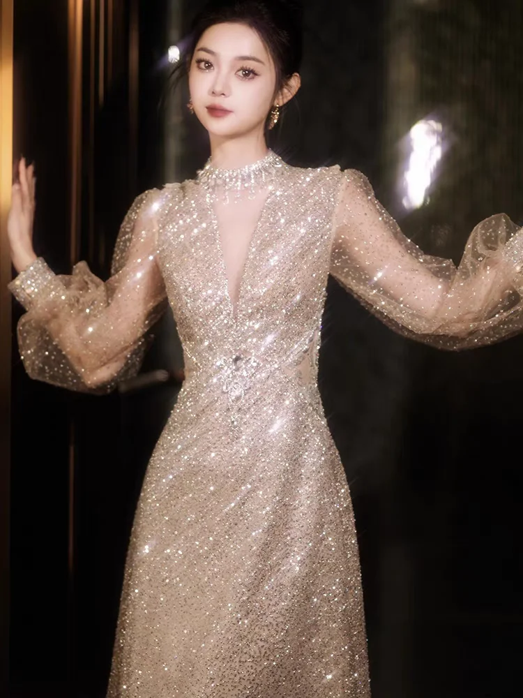 Ele Long Evening Gown Ne Hanging Fi Tail Sequin Host High End Luxury Faion New 2024 Neline Gown Wedding Dr