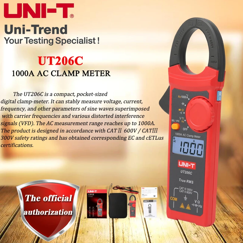 

UNI-T True RMS 1000A Digital AC Clamp Meter UT206C; Built-in VFD / Body as thin as 16 mm / AC and DC 600V