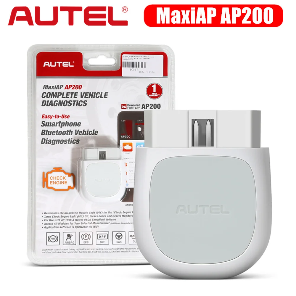 

Autel MaxiAP AP200 Bluetooth-считыватель кодов с полной диагностикой систем Обслуживание AutoVIN для семейных самодельников