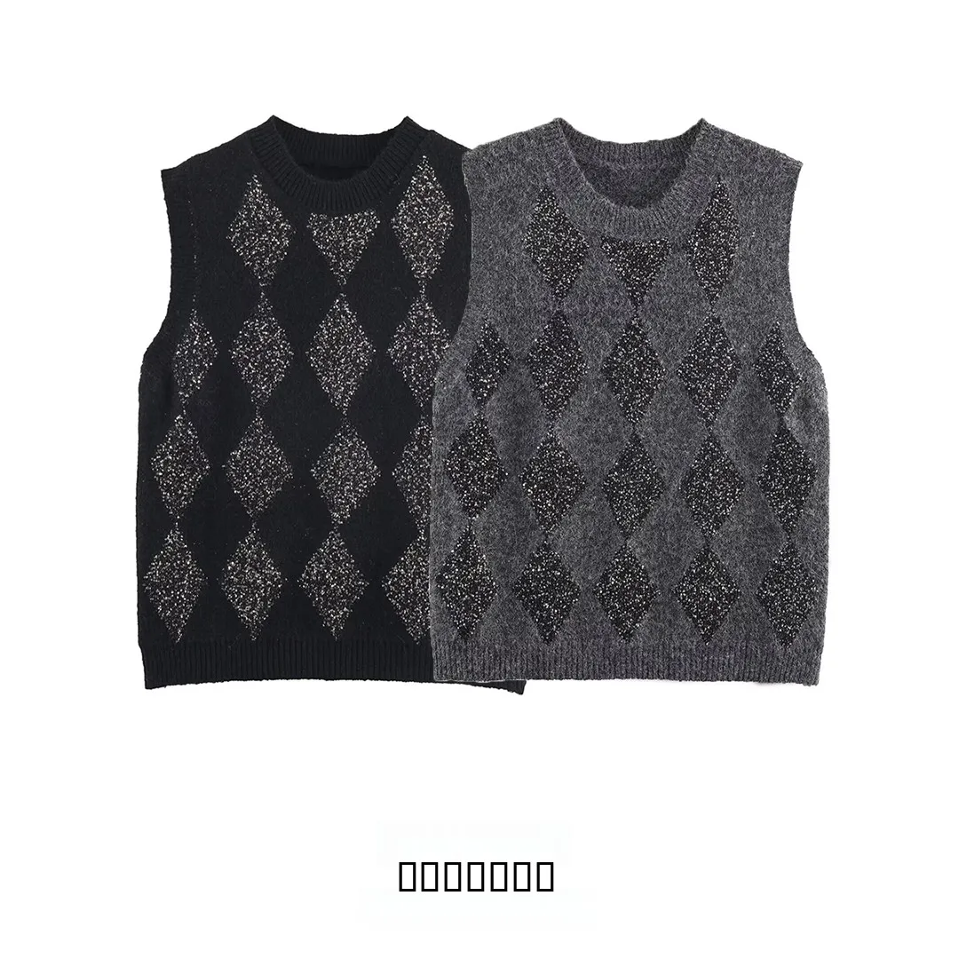 

KASLEAD New Faionable Diamond Pattern Knitted Vest Women's Street Sle round Ne Pullover Polyester Fiber 00%