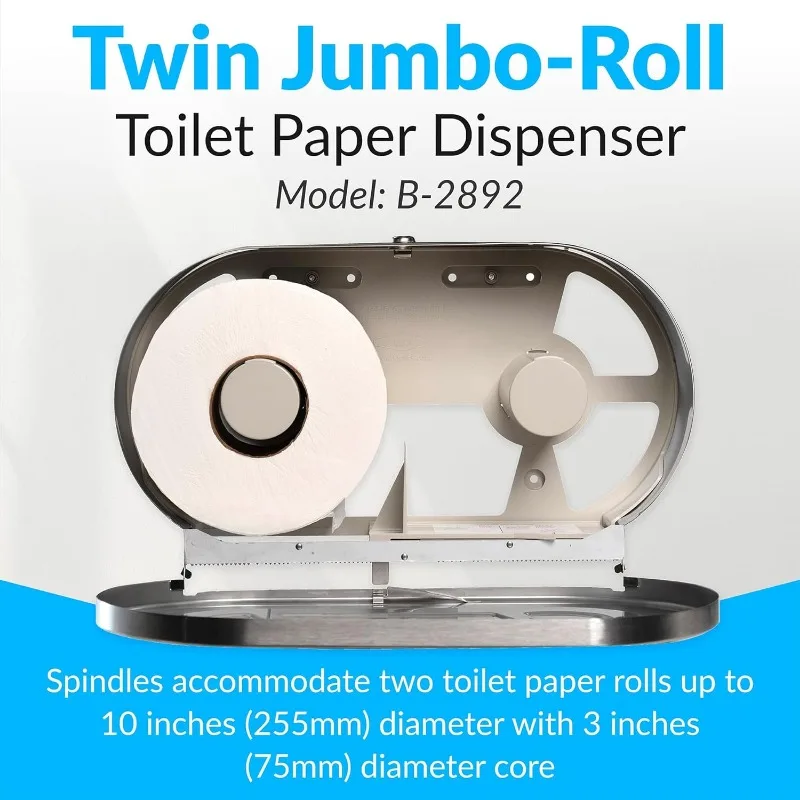 B-2892 Surface-Mounted Twin Jumbo-Roll Toilet Paper Dispenser, Double Roll Toilet Paper Holder