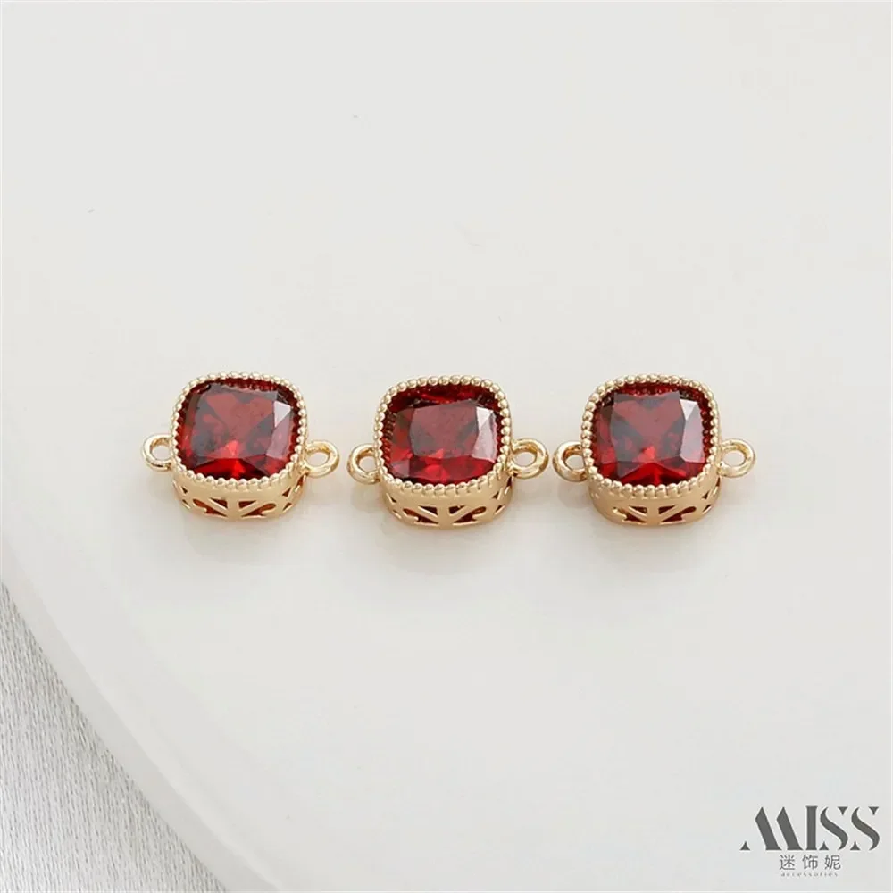 Liontin Ganda Persegi Berlapis Emas 14K dengan Zirkon Berwarna untuk Aksesori Pembuatan Perhiasan Gelang Kalung DIY