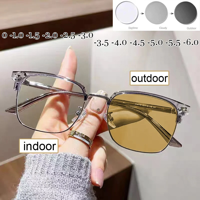 Photochromic Myopia Glasses Women Men Anti Blue Rays Half Frame Shortsighted Eyeglasses Discolored Minus Eyewear Diopter To -6.0