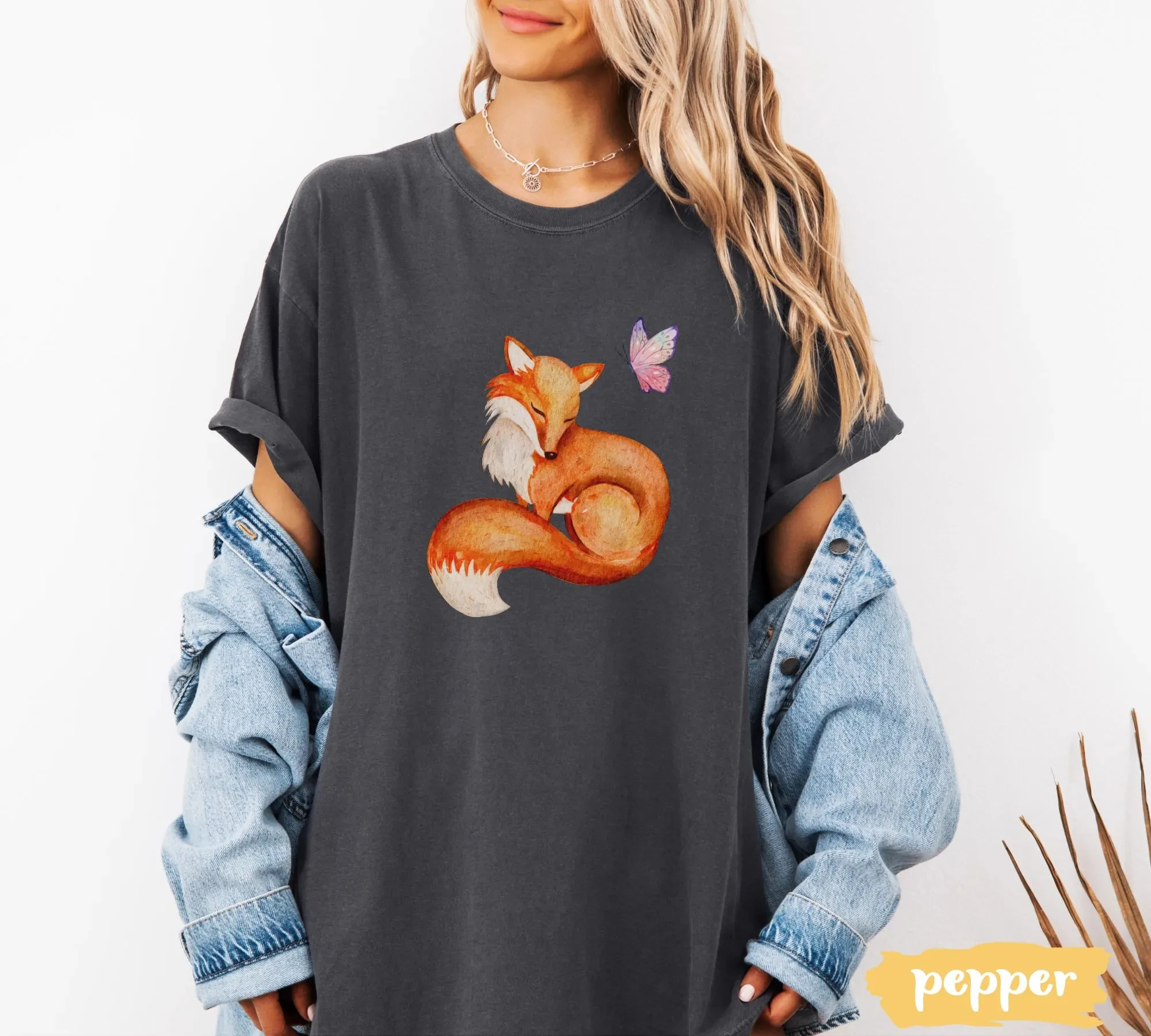 

Plus Size Summer Women's Vintage Fox and Butterfly T-Shirt Unisex Cotton Breathable Stylish Versatile Street Style Oversized