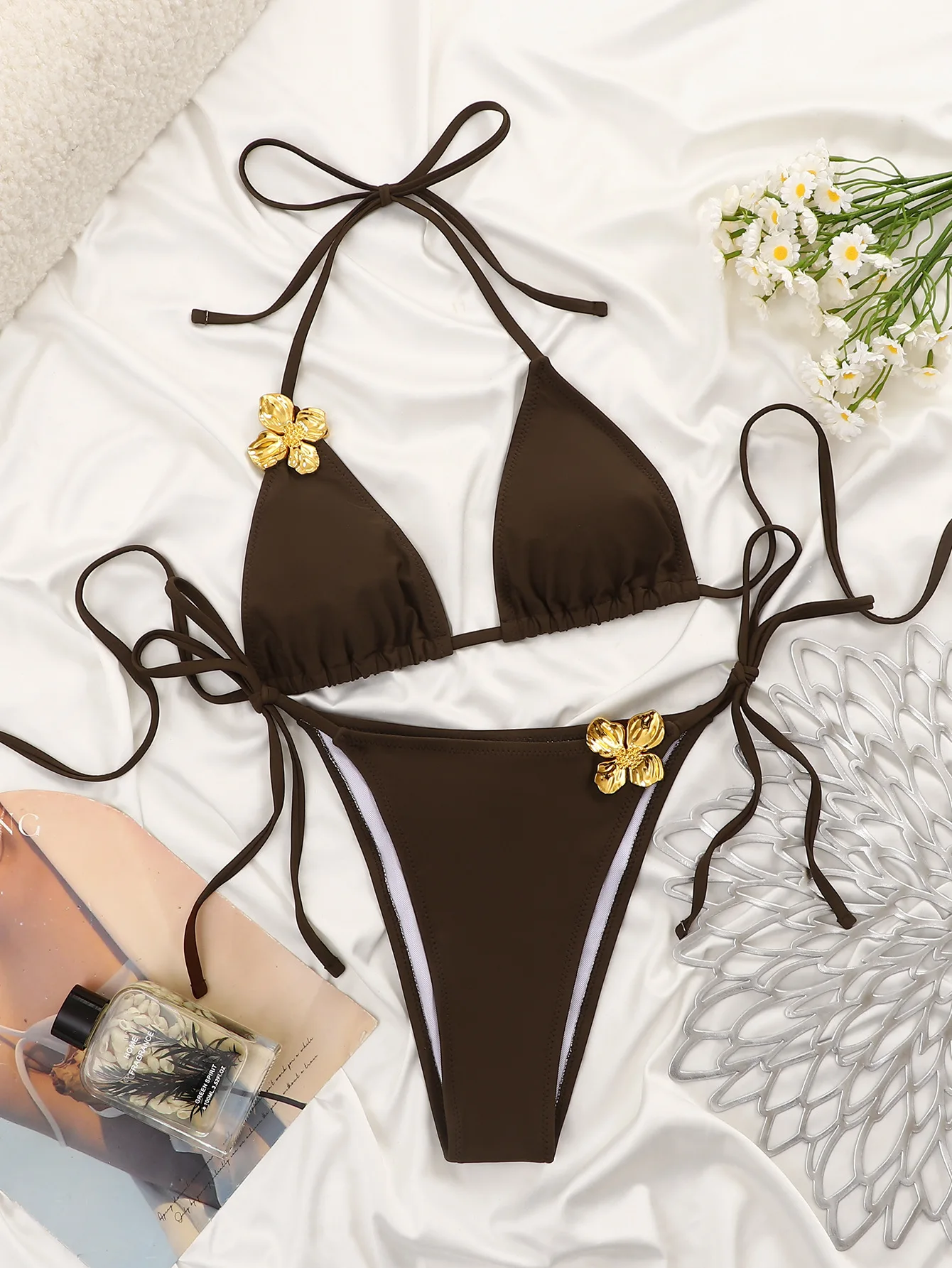 

sexy coffee plain bikinis sets two pieces halter tie metal flower thong swimsuits bathing suit beach outfits swimwear biquini