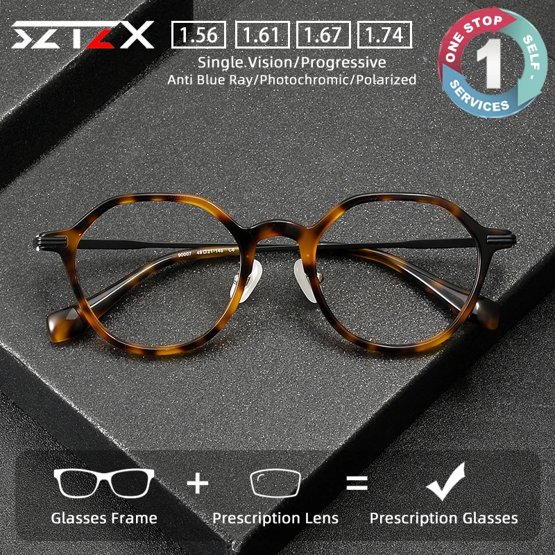 

SZTZX Handmade Pure Titanium Plate Anti Blue Light Glasses for Men and Women Retro Glasses Prescription Progressive Eyeglasses