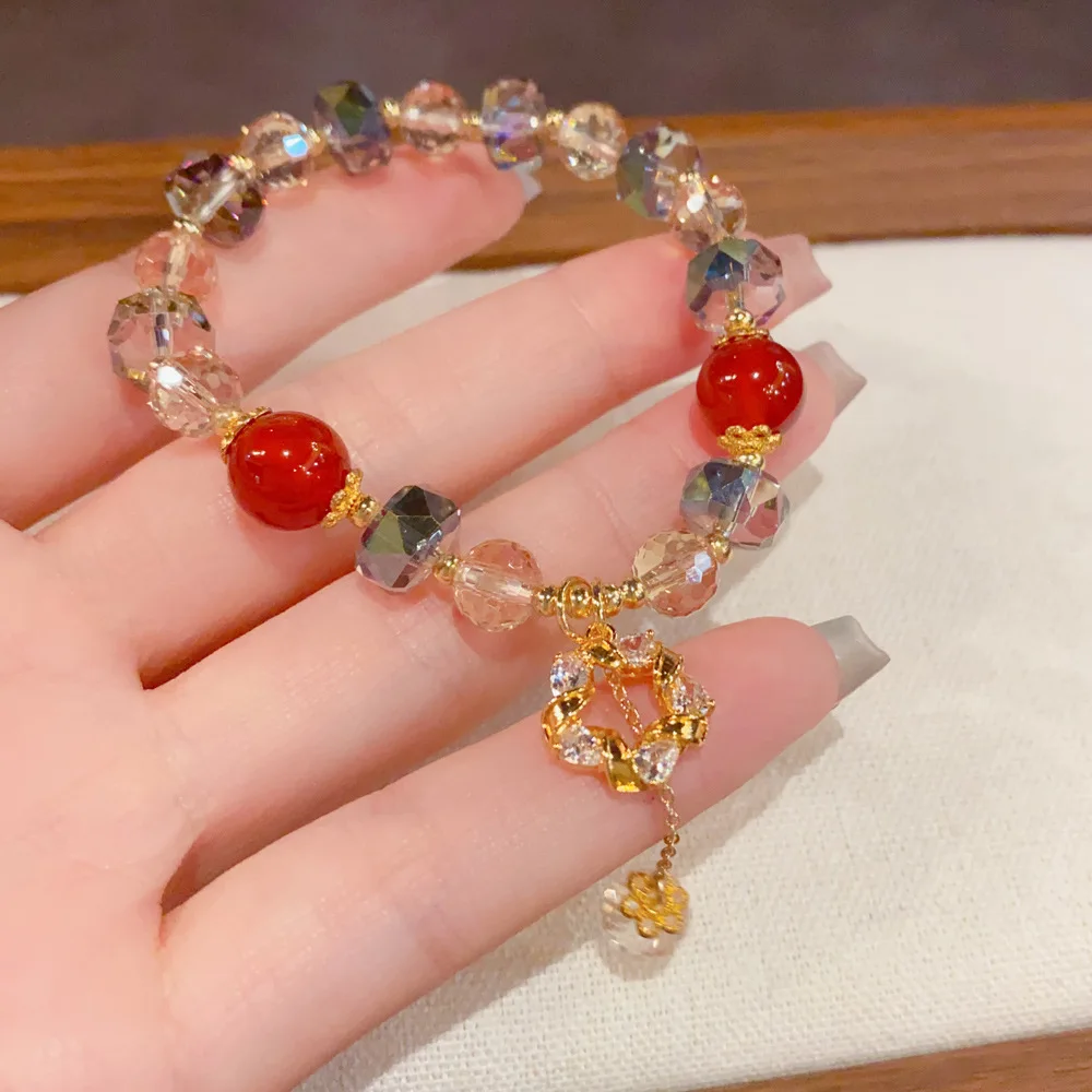 Women Shiny Crystal Beaded Stretch Bracelet Zircon Round Tassel Charm Hand Bracelets Luxury Fashion Elegant Daily Hand Jewelry