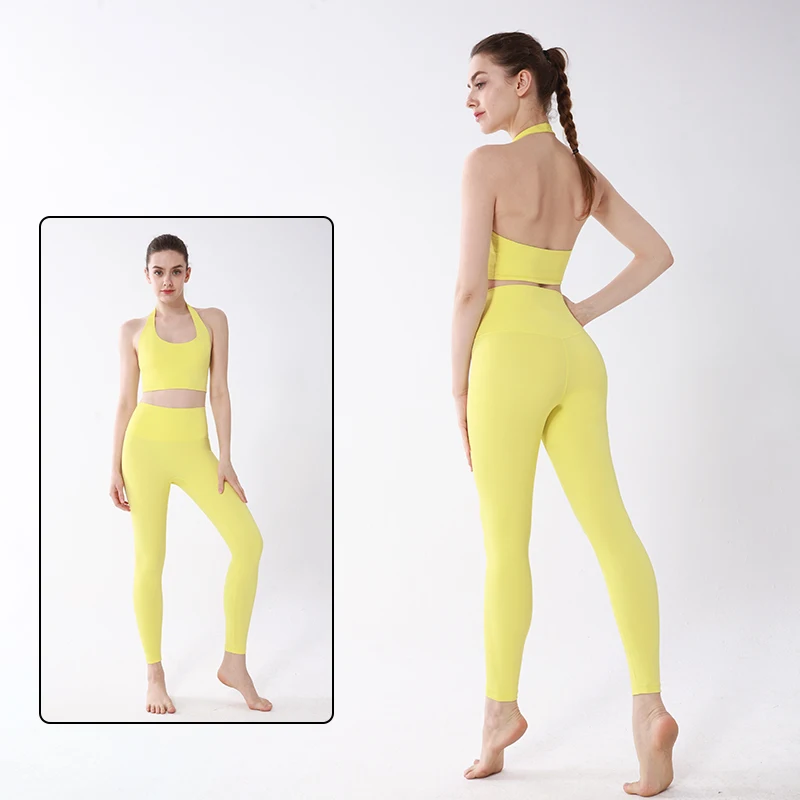 Women's 2 Pieces Yoga Set High intensity Sexy hanging Neck Shockproof Yoga Vest High Waist Lifting Leggings Quick Dry Sportswear