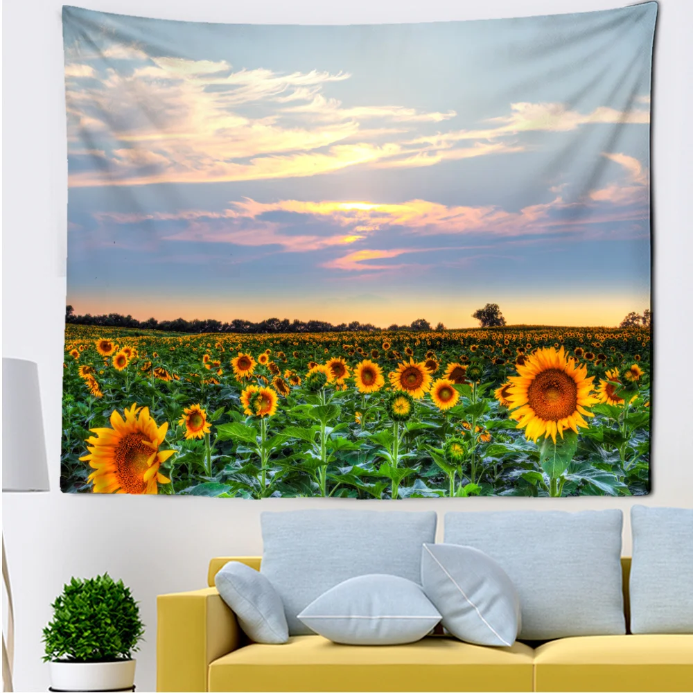 Sunflower Field Landscape Tapestry Blue Sky Sunshine Vibrant Style Living Room Bedroom Kitchen Wall Decorations Decor Home