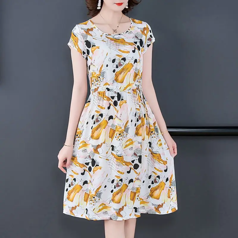 패션 오-넥 인쇄 셔링 붕대 활 꽃 드레스 여성 의류 2024 여름 새로운 느슨한 사무실 레이디 짧은 소매 드레스