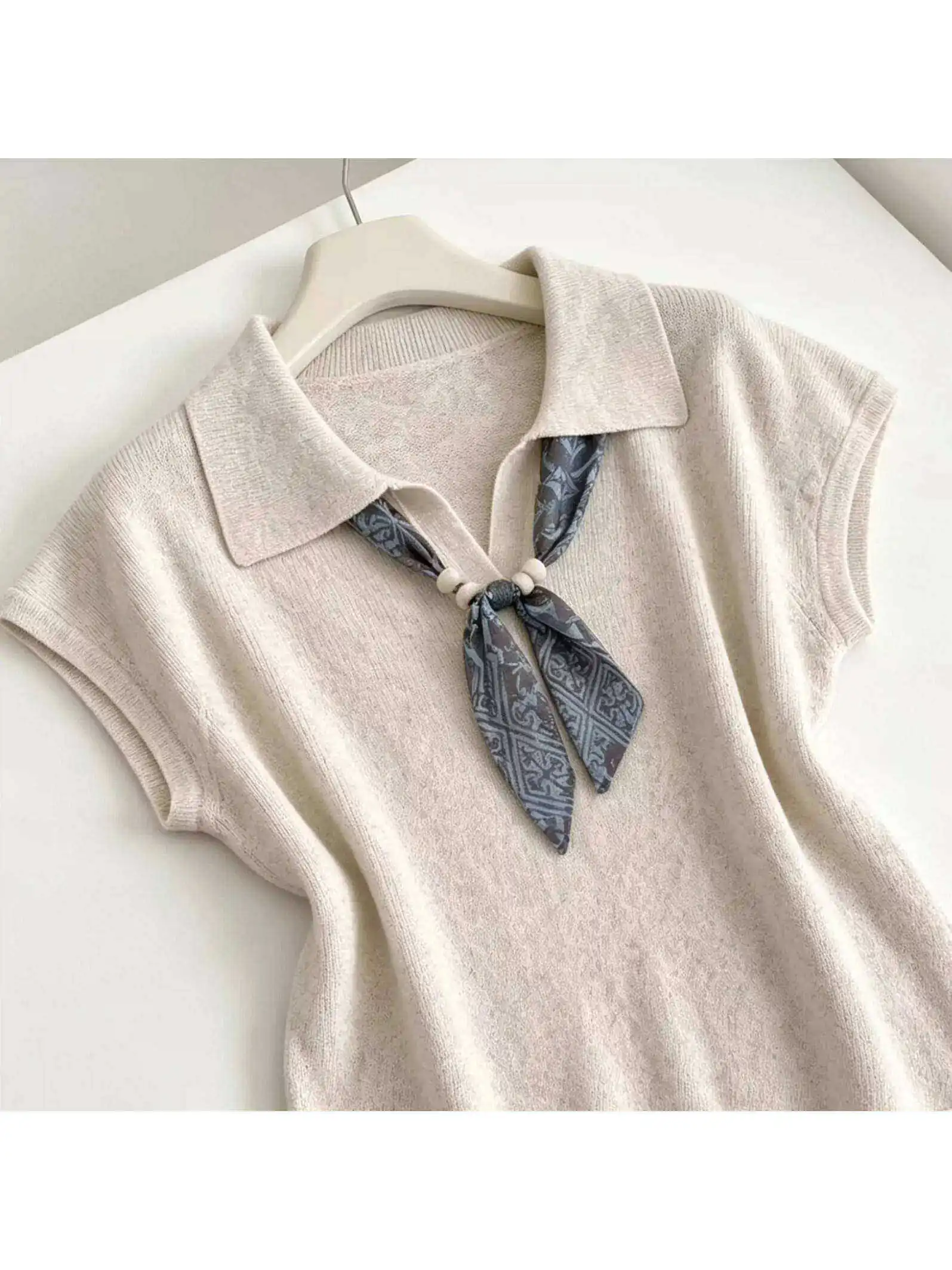 Oversized  Neck Short Sleeve Knitted Shirt Women's Summer Fashionable Oats Color Loose Fit Top Korean Style Breathable Sk...