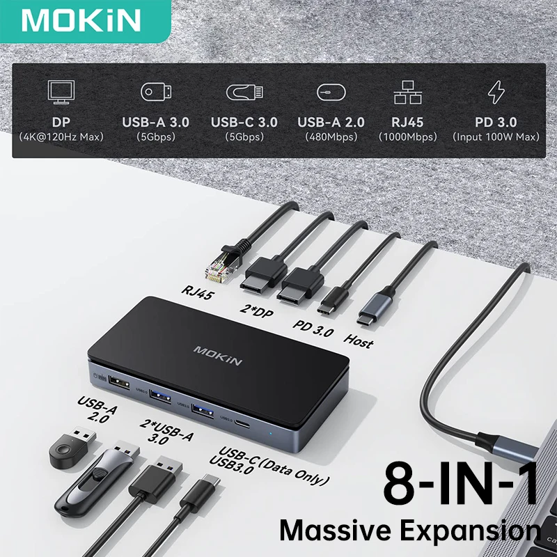 MOKiN USB C Docking Station Dual Monitor 4K 60Hz DP Adapter USB 3.0 100W PD USB C Dock for iPad MacBook Pro PC Laptops Keyboards