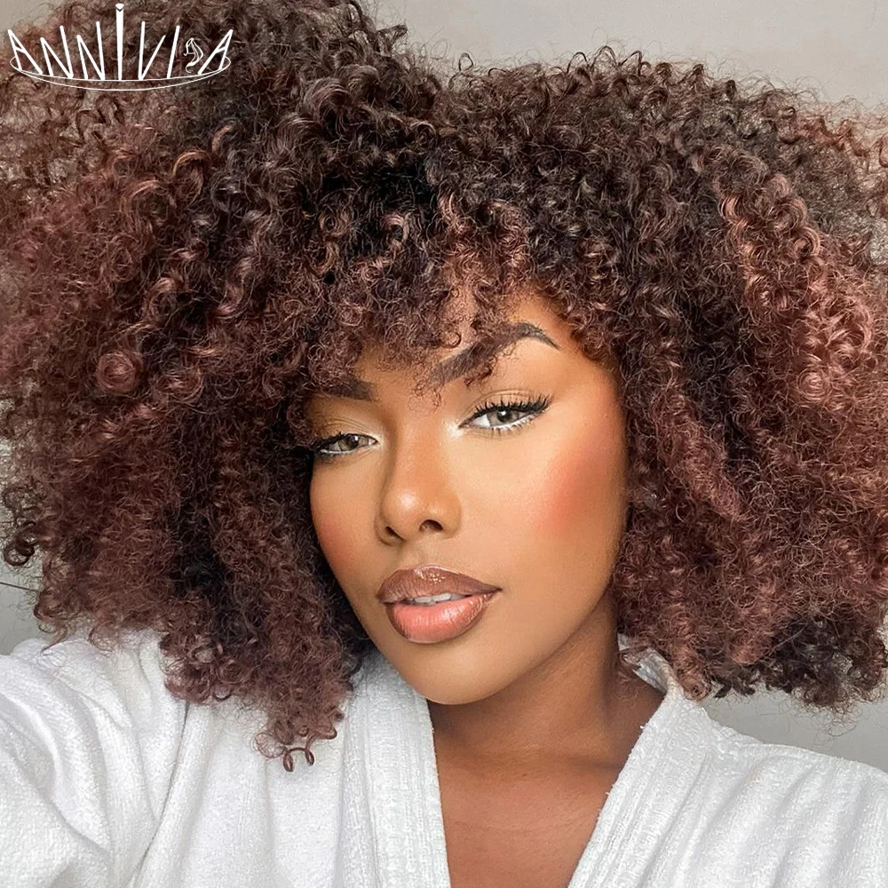 

Curly Afro Wig for Black Women Afro Kinky Curly Wig With Bangs Cosplay Lolita Synthetic Natural Brown Mixed