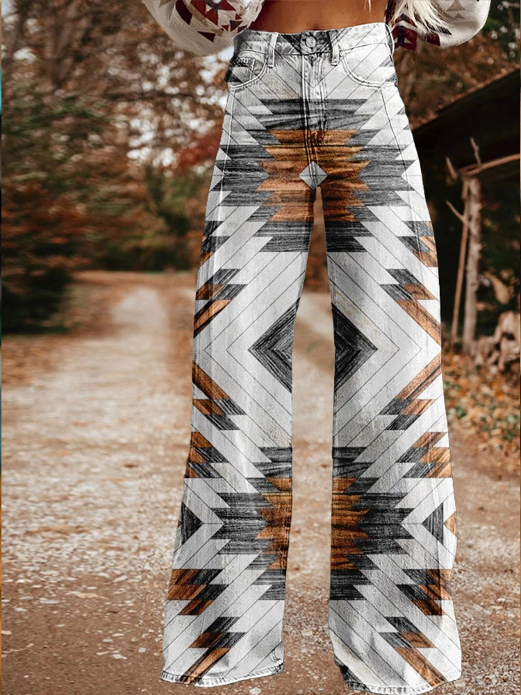 

Retro Western Aztec Print Wide Leg Trousers