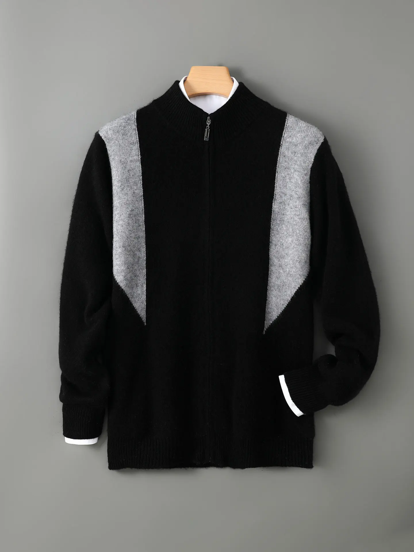 

100% pure wool cardigan color matching semi-high zipper jacket autumn and winter loose casual knitted cashmere sweater