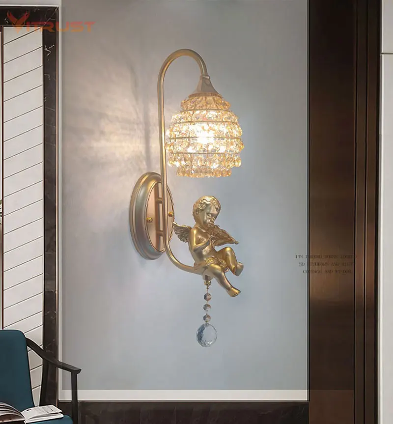 Lámpara de pared de Ángel dorado de lujo, accesorio de iluminación para decoración del hogar, aplique de pared del pasillo del hotel y dormitorio