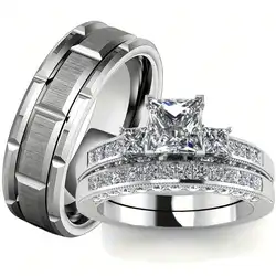 Fashion Silver Color Couple Rings for Lover's Trendy Stainless Steel Men Rings Cute Women Rhinestones Zircon Rings Set