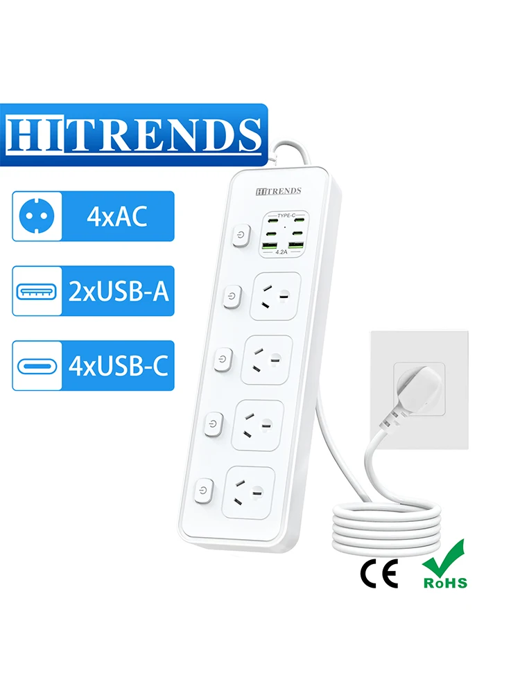 

Многофункциональная зарядная станция HITRENDS с 4 розетками и 6 USB-портами, удлинитель 2 м для дома, подходит для австралийских розеток.