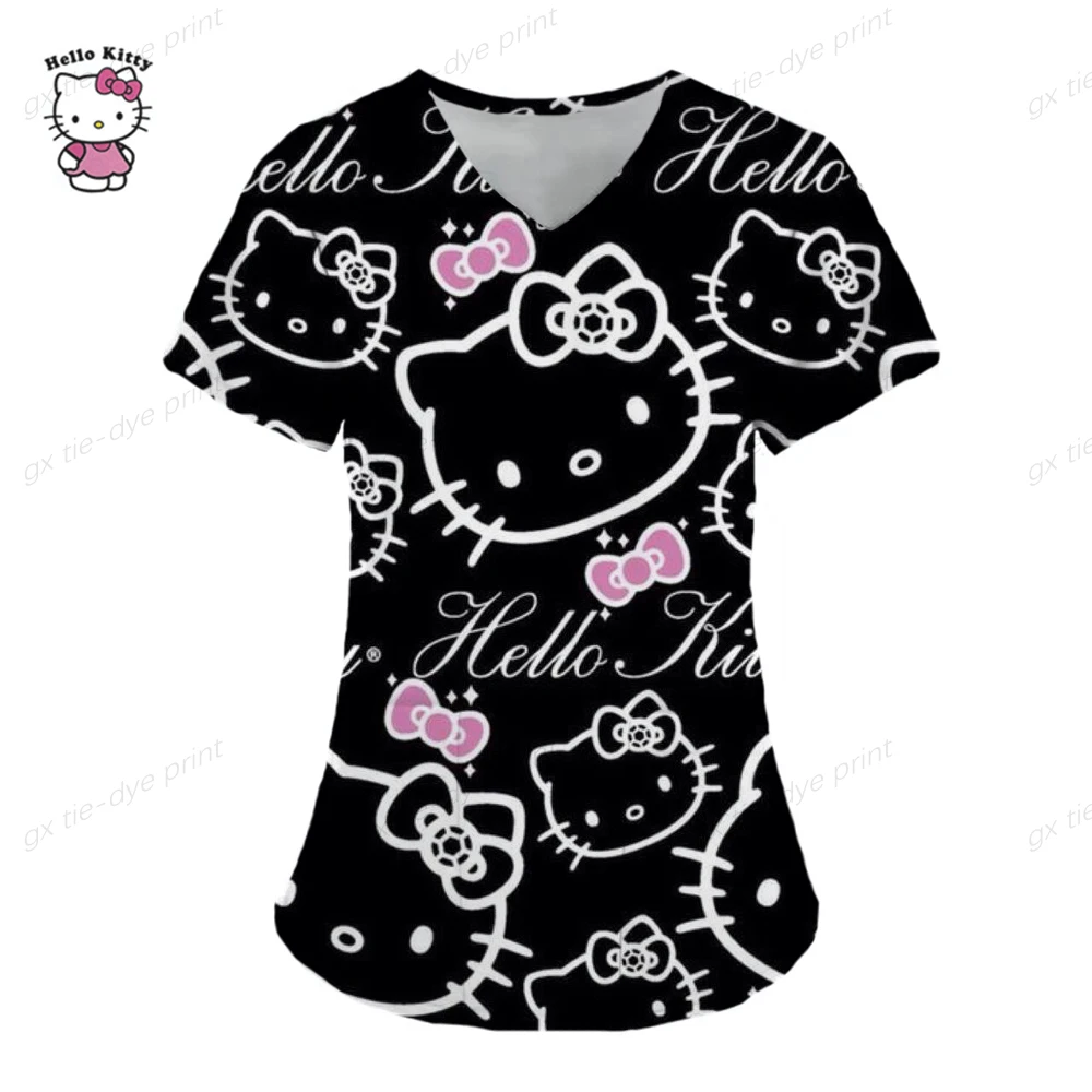 Uniforme de enfermeira kawaii feminino, tops animados, estampa Hello Kitty, manga curta, macacão de bolso, blusa médica para enfermagem