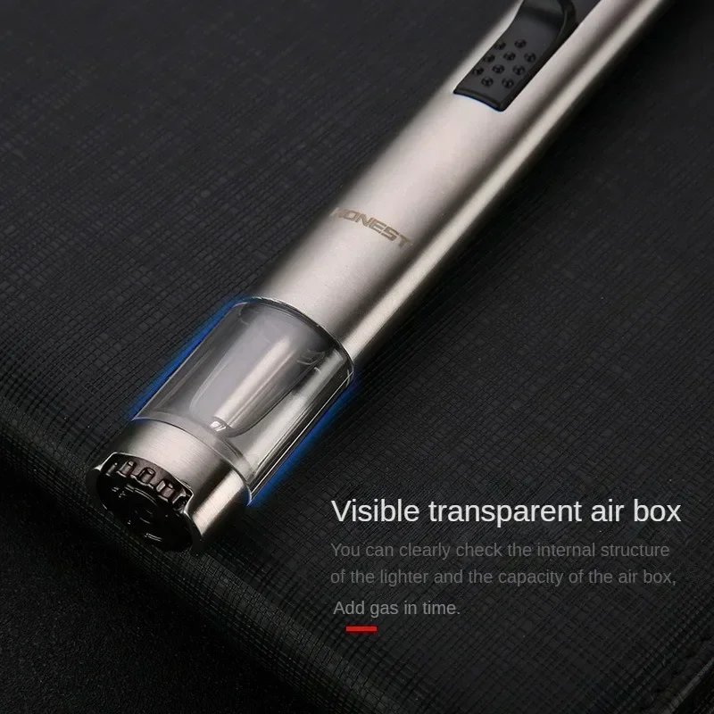 HONEST Metal Extended Visible Gas Box Windproof Cigar Lighter Butane Gas Straight Jet Blue Flame Inflatable Lighter Kitchen Gift