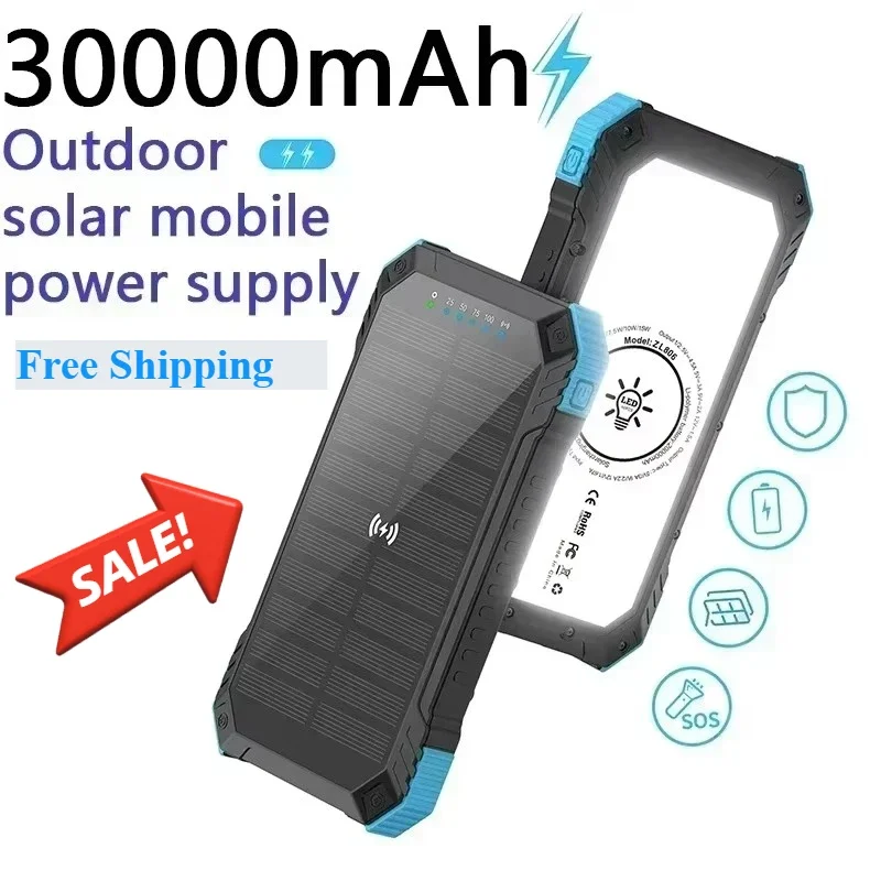

Солнечные панели Power Bank Беспроводная зарядка солнечное зарядное устройство для телефона 30000 мАч с лампой для кемпинга Зарядное устройство для мобильного телефона USB Power Bank