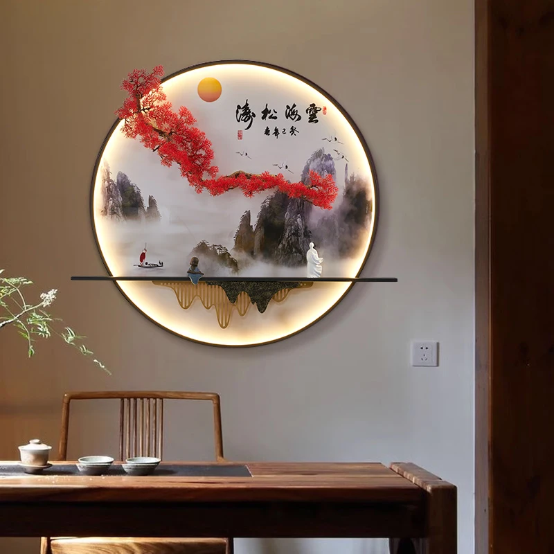 TEMOU-LED Wall Picture Light, Chinese Pine Landscape, Mural Sconces Lamp para Casa, Viver, Quarto, Estudo, Criativo, Moderno