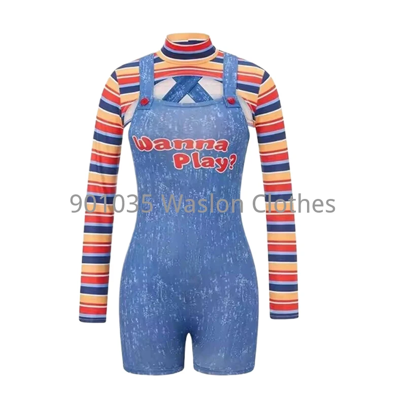 Women Halloween Costumes Scary Nightmare Killer Doll Wanna Play Movie Character Bodysuit Chucky Doll Cosplay Costume 2 Pcs Set view 2