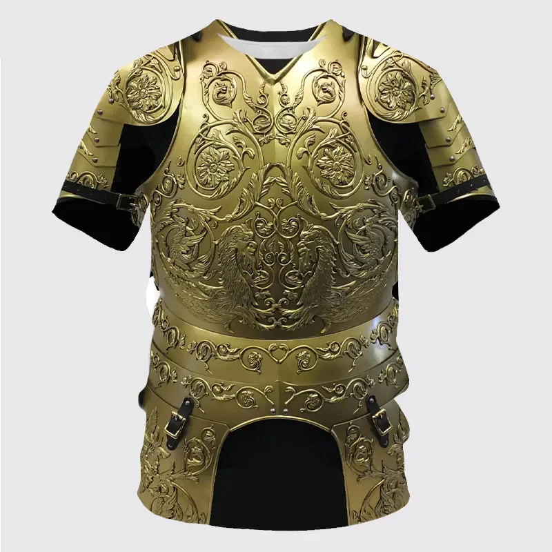 Men\'s Oversized T-shirt, 3D Armor Shirt, Oversized Round Neck Short Sleeves, Metallic Style Printing, Trendy, Fashionable, Casua