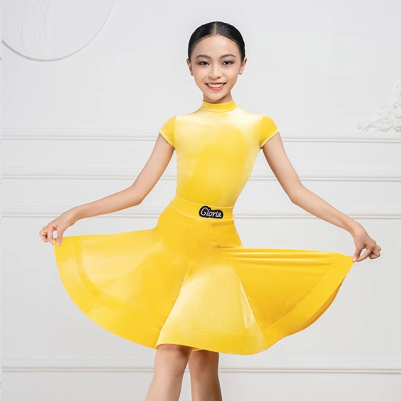 

New Latin Dance Dress For Competition Girls Professional Dancing Costume Velvet Yellow Dance Set Cha Cha Rumba Stage Wear 2775