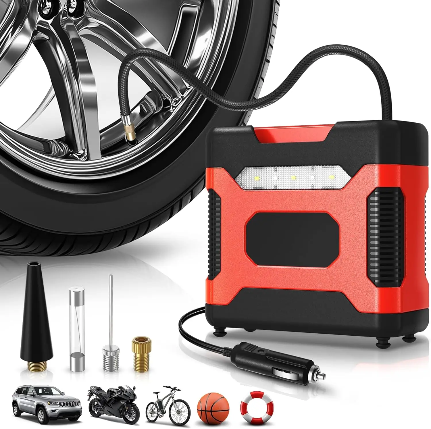 

Portable 12V DC Digital Tire Inflator, 150 PSI Electric Air Pump with LED Light & Pressure Gauge for Car, Motorcycle, Bike, Ball