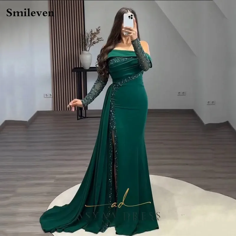 Smileven Dark green Mermaid Evening Dress Long Sleeve Sequins Prom Dresses robe de soirée Long Sleeve Side Split Party Gowns