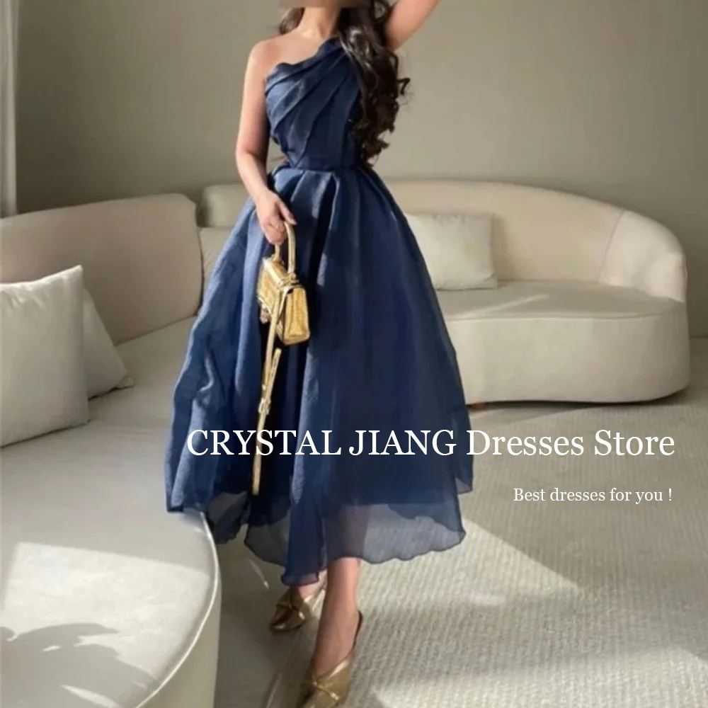 Classy Long Navy Blue One Shoulder Organza Evening Dresses Sleeveless A Line Tea Length فساتين سهرات Party Gowns