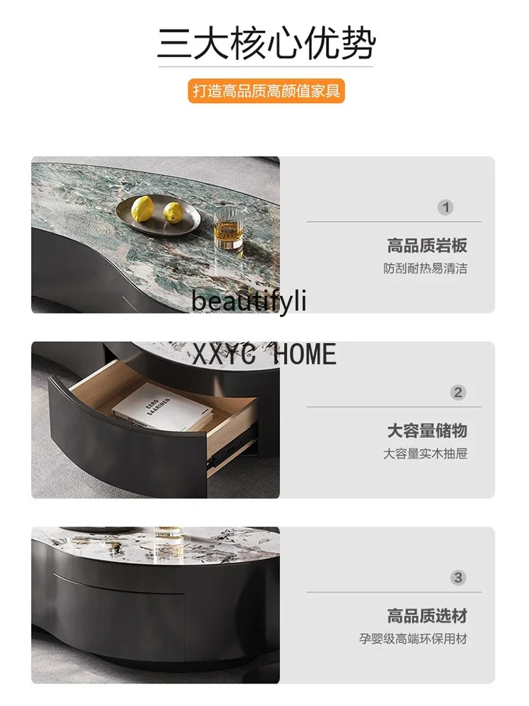 Italian-Style Light Luxury Special-Shaped Tea Table Combination Living Room Small Apartment Stainless Steel Stone PlateTea Table