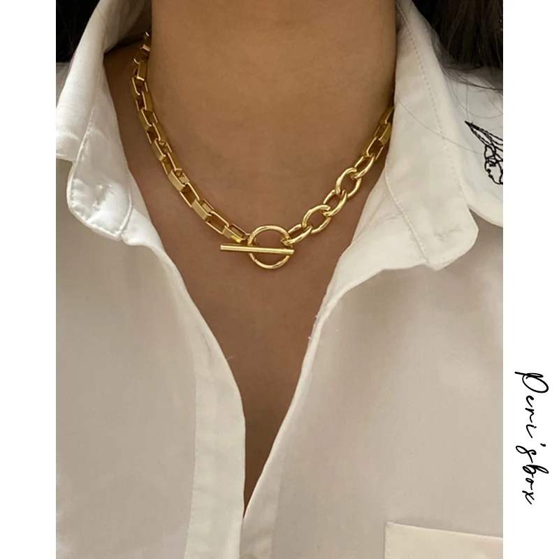 Peri\'sBox Box Chain Toggle Clasp Gold Color Necklaces Mixed Linked Circle Necklaces for Women Minimalist Choker Necklace Jewelry