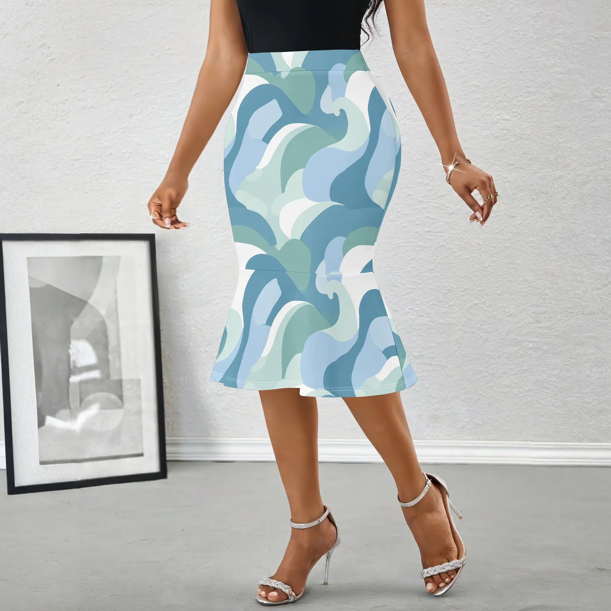 Blue Green Abstract Print Skirt, Wavy Pattern Midi Skirt, Mermaid Hem Pencil Skirt, Summer Beach Party Wear for Women, S-2XL
