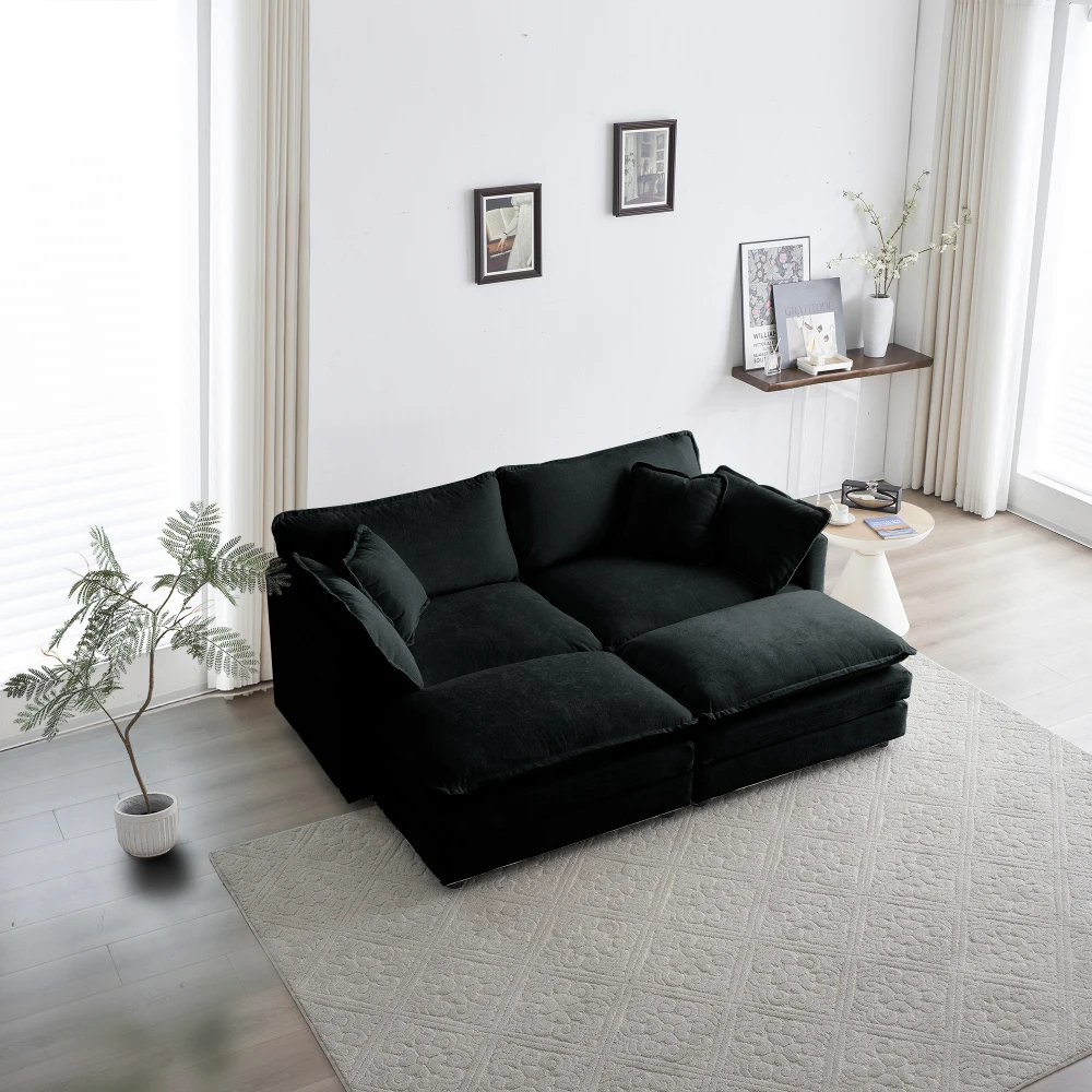 

4 - Piece Upholstered Sectional Sofa, 1 - Piece of 2 Seater Sofa and 2- Piece of Ottomans ,with Ottomans , Black Chenille