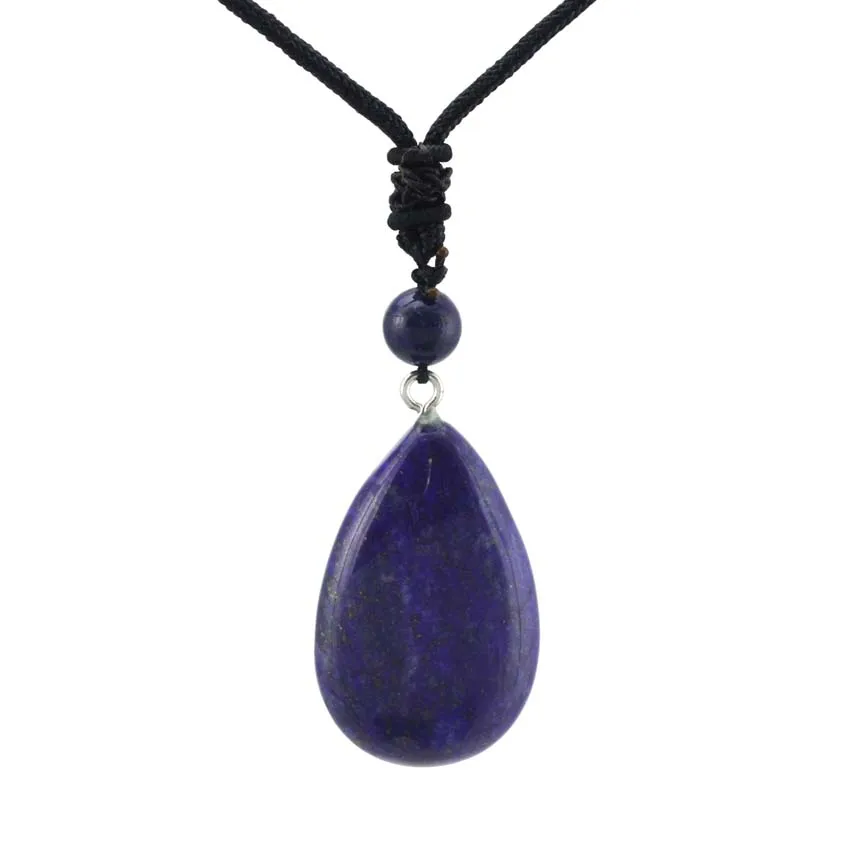 Crystal Water Drop Pendant Natural Amethyst Rose Quartz Lapis Lazuli Black Onyx Stone Pendant Adjustable Rope Chain Necklace