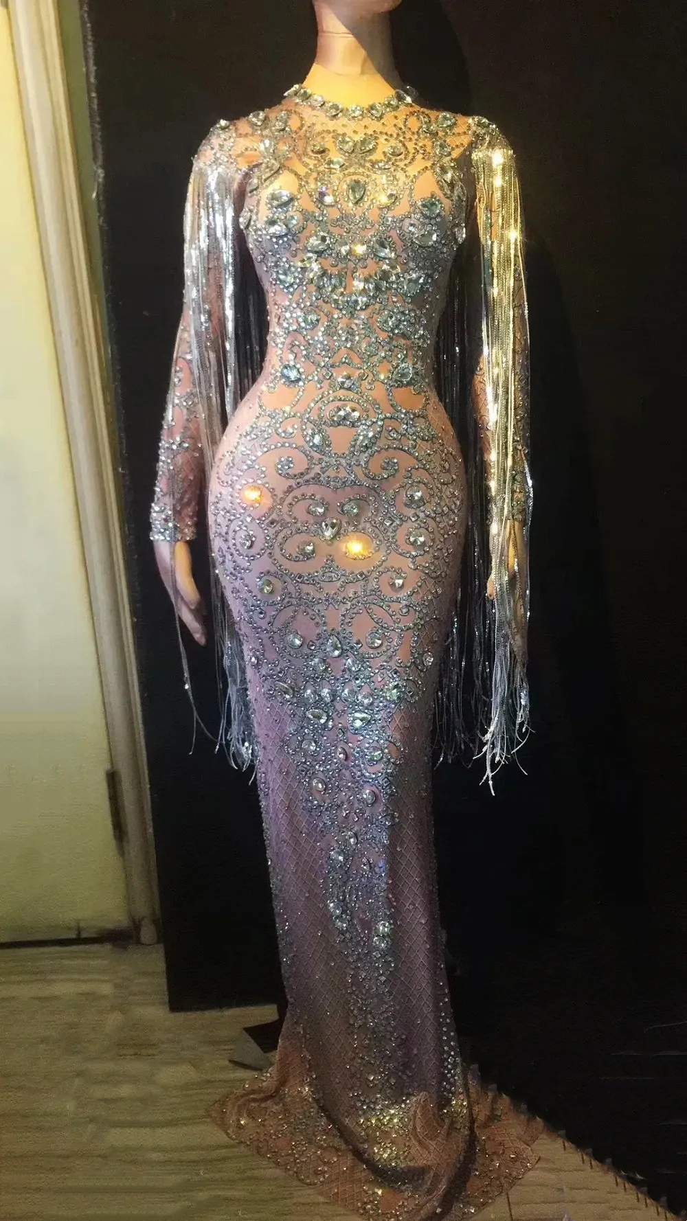 Luxury Evening Celebrate Model Catwalk Long Dress Sparkly Rhinestones Fringe Dresses Women Photograph Stage Performance Costume