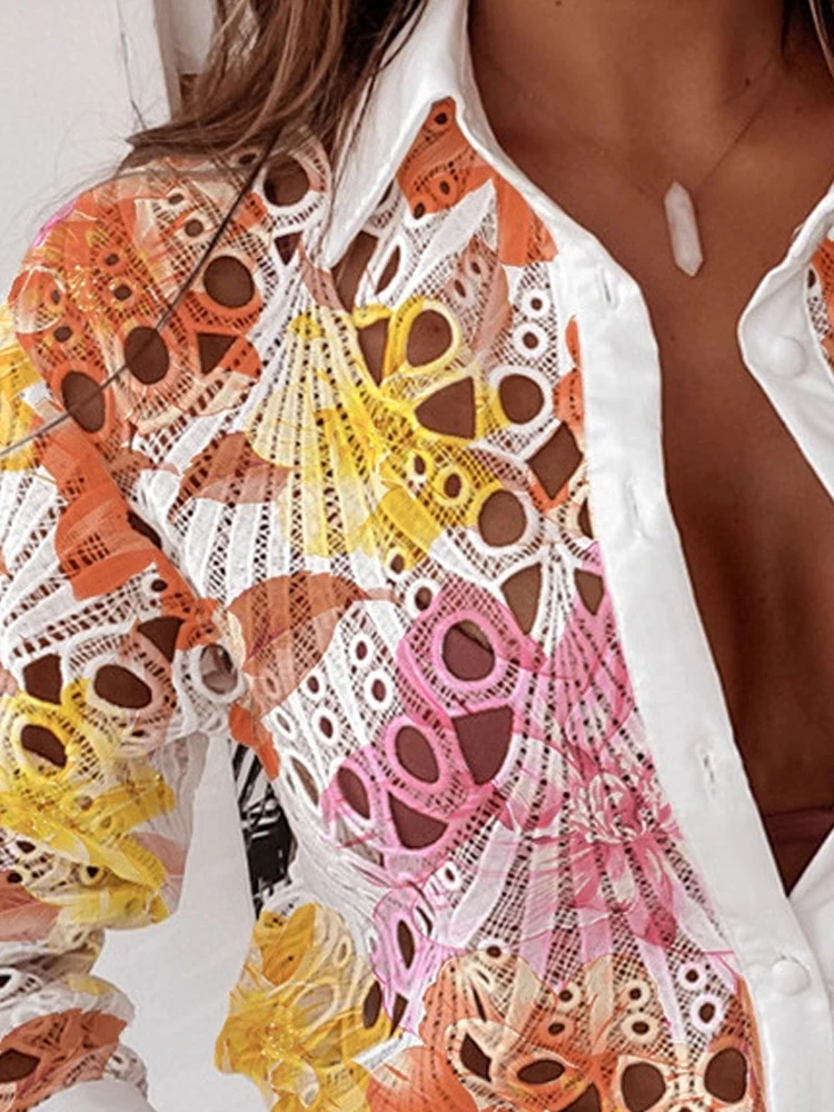 

Women's Fashion Lapel Collar Button Commuting Blouse 2025 Casual Long Sleeve Loose Tops Autumn Sexy Embroidery Hollow Out Shirt