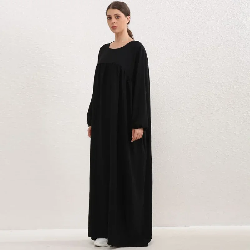 

Spring Autumn Women Loose Maxi Dresses Fashion Female Full Sleeve O-neck Casual Solid Pockets Robe Long Dresses Muslim Dress