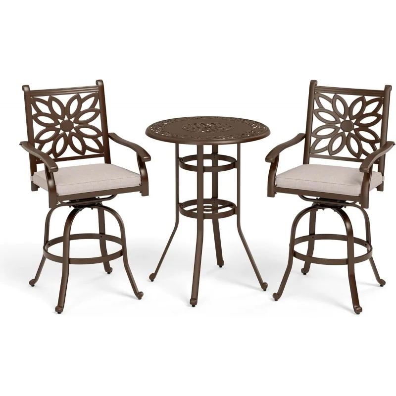 3-Piece Cast Aluminum Patio Bar Set – Round Table & 2 Swivel Counter Stools, Modern Outdoor Pub Bistro