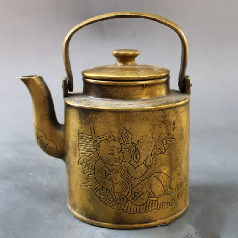 Chinese Brass Baby Play Motif Teapot Engraved Figure Kettle Vintage Lifting Handle Home Desktop Curio Collectible Ornament