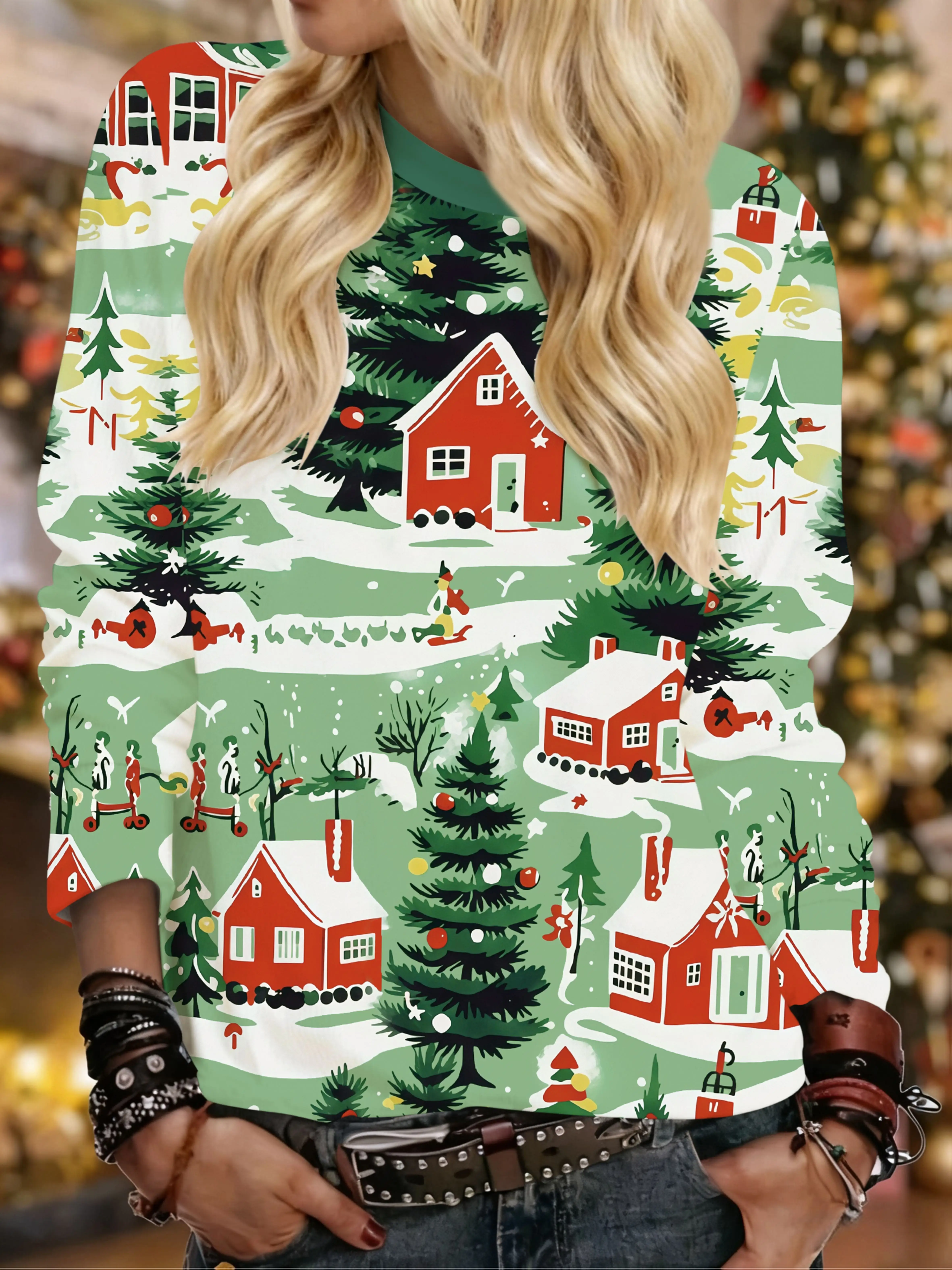 Women Round Neck Long Sleeve T‑Shirt Christmas Winter House Tree Full Print Festive Holiday Casual Party Top Women's Clothes